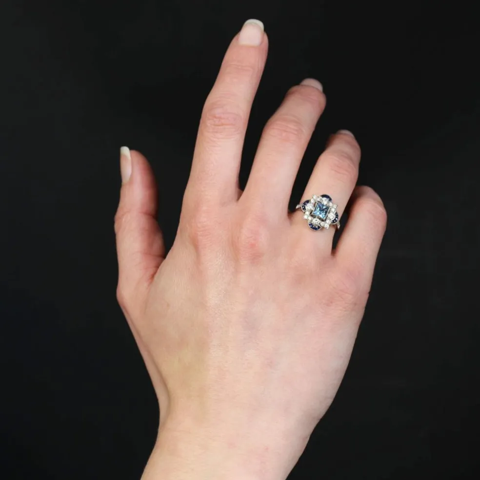 Bague style Art déco aigue-marine diamants saphirs