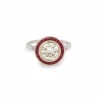 Bague Style Art Déco Diamants Rubis Or Gris (Certificat)