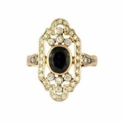 Bague Style Art Déco or jaune et blanc Saphir et Diamants