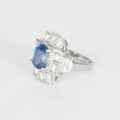 Bague style Art Déco saphir de Ceylan diamants