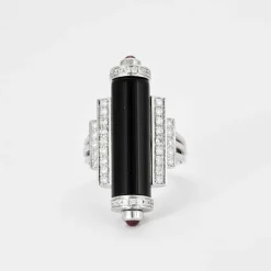 BAGUE STYLE ART DECO OR BLANC DIAMANTS ONYX