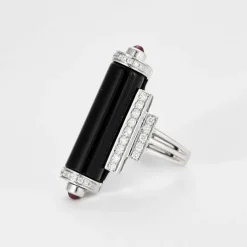 BAGUE STYLE ART DECO OR BLANC DIAMANTS ONYX