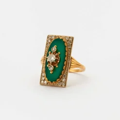 Bague style Napoléon III Diamants Or Jaune Agate Verte