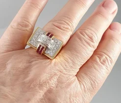 Bague tank 2 Ors Diamants Rubis