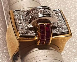 Bague tank 2 Ors Diamants Rubis