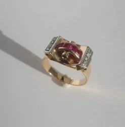 Bague Tank Art Déco diamants rubis or platine