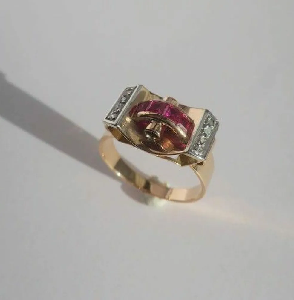 Bague Tank Art Déco diamants rubis or platine