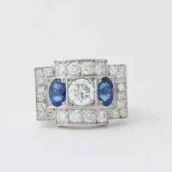 Bague Tank Art Déco Platine Saphirs Diamants