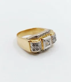 Bague tank art deco or jaune 18k et platine ornée de diamants