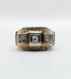 Bague tank art deco or jaune 18k et platine ornée de diamants