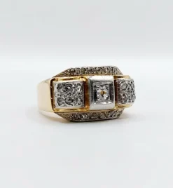 Bague tank art deco or jaune 18k et platine ornée de diamants