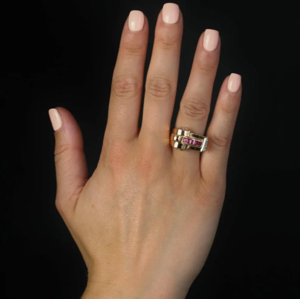 Bague tank asymétrique diamants rubis