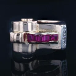 Bague tank asymétrique diamants rubis