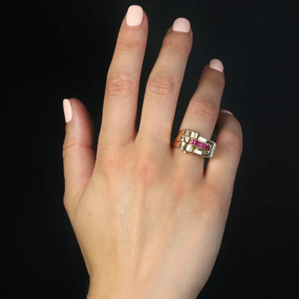 Bague tank asymétrique diamants rubis