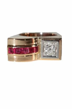 Bague Tank Diamant Et Pierres Rouges