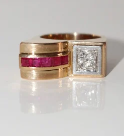 Bague Tank Diamant Et Pierres Rouges