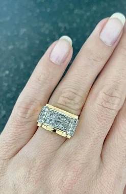 Bague Tank d'époque 1940/50 deux ors diamants