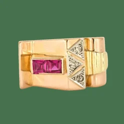 Bague Tank en or de trois couleurs, rubis de synthèse et diamants