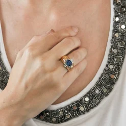 Bague Tank or blanc jaune saphir et diamants