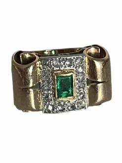 Bague Tank Or Jaune Platine Emeraude Diamants