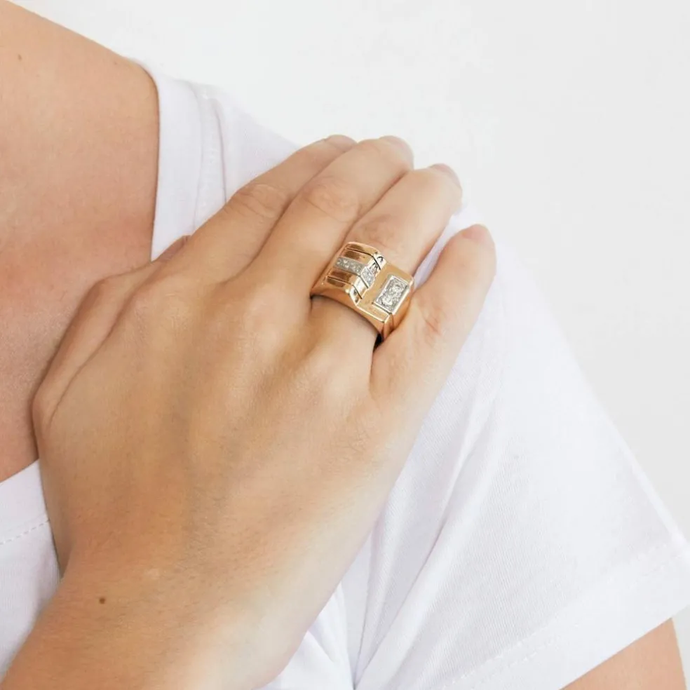 Bague Tank or jaune platine et diamants