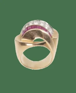 Bague Tank or jaune, rubis et diamants