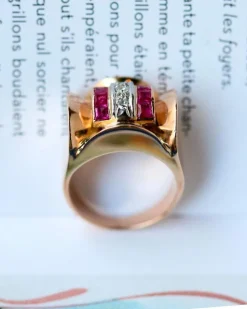 Bague Tank Or Rose Diamants et Rubis Verneuils