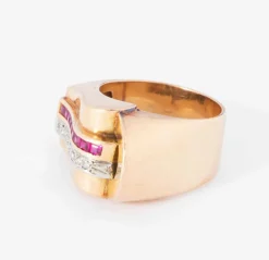 Bague tank or rose diamants et rubis de synthèse