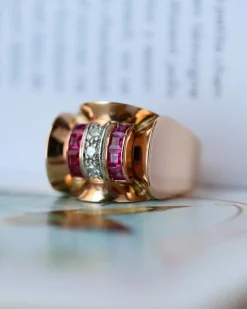 Bague Tank Or Rose Diamants et Rubis Verneuils