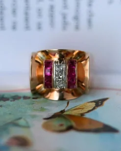 Bague Tank Or Rose Diamants et Rubis Verneuils