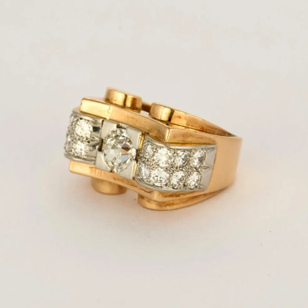 Bague tank or rose et gris et diamants