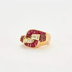 Bague Tank or rose et rubis de synthèse