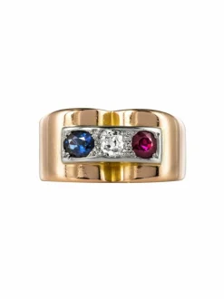 Bague Tank patriotique Saphir Diamant Rubis