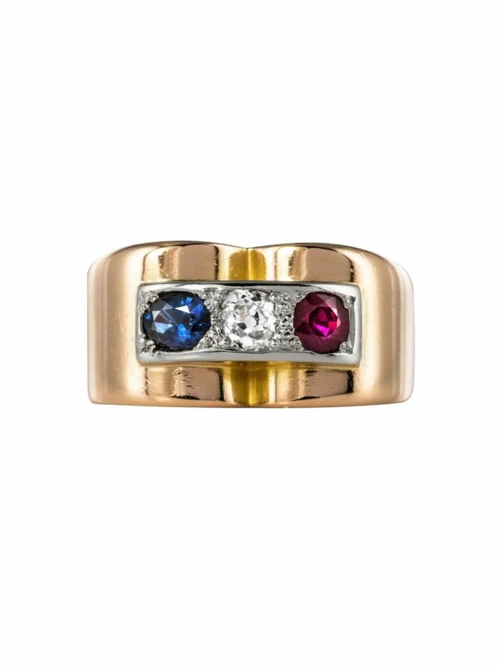 Bague Tank patriotique Saphir Diamant Rubis