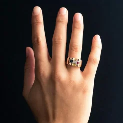 Bague Tank patriotique Saphir Diamant Rubis