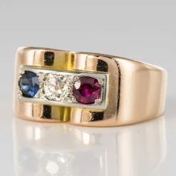 Bague Tank patriotique Saphir Diamant Rubis
