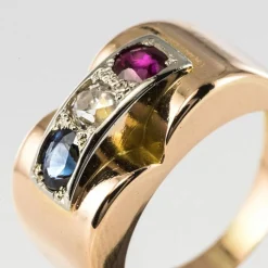 Bague Tank patriotique Saphir Diamant Rubis