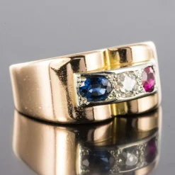 Bague Tank patriotique Saphir Diamant Rubis