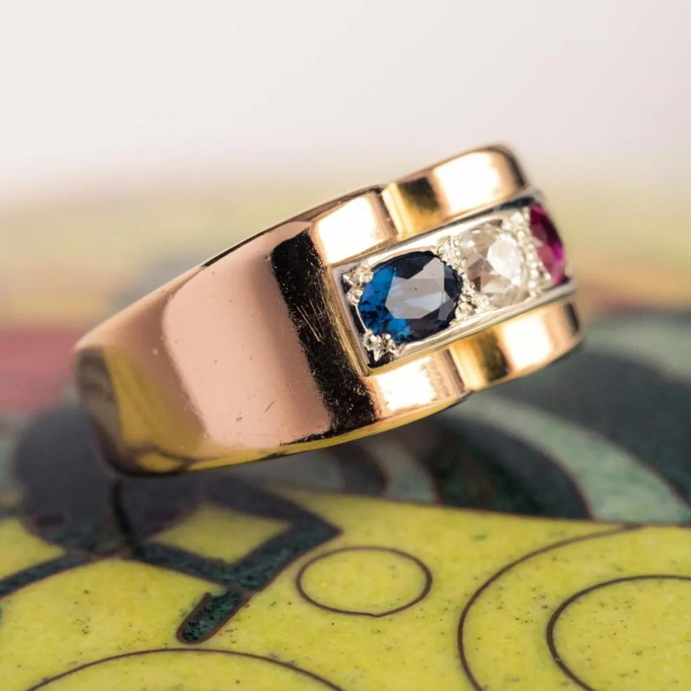 Bague Tank patriotique Saphir Diamant Rubis