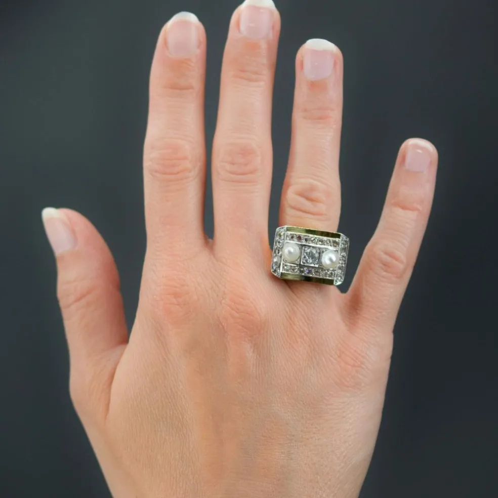 Bague tank perles fines et diamants