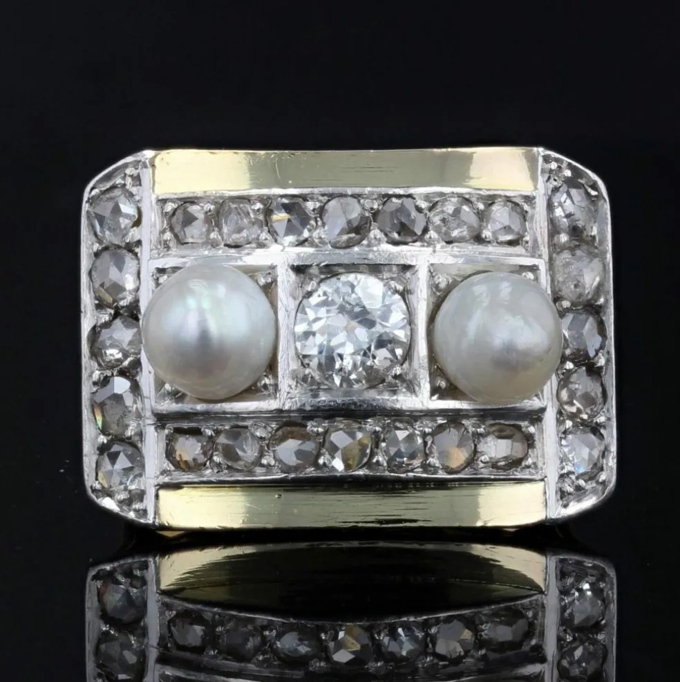 Bague tank perles fines et diamants