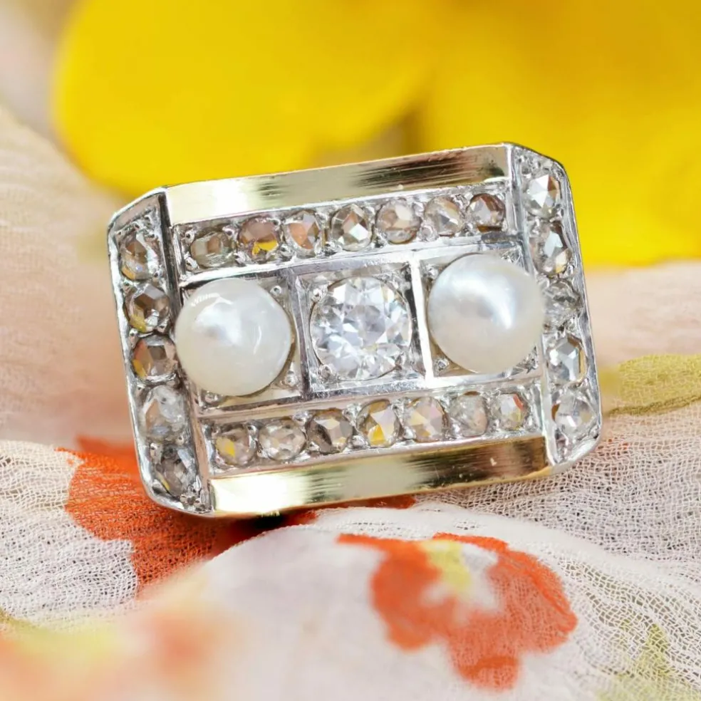 Bague tank perles fines et diamants