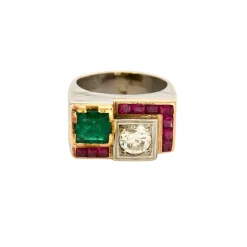 Bague Tank platine et or jaune, émeraude, rubis et diamants