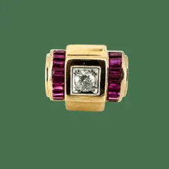 Bague tank rubis calibre et diamant en or jaune