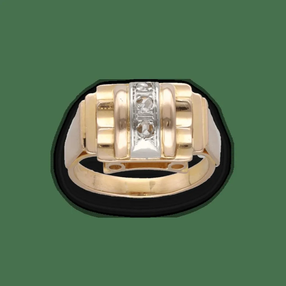 Bague Tank vintage en or jaune 18K et platine avec diamants taille rose – Vers 1940 – Taille 55