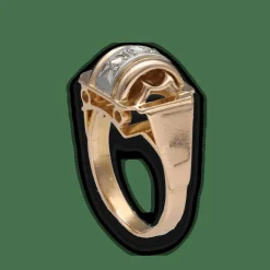 Bague Tank vintage en or jaune 18K et platine avec diamants taille rose – Vers 1940 – Taille 55