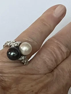 Bague Toi & Moi Or Gris Perles Diamants