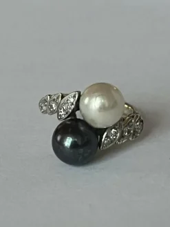 Bague Toi & Moi Or Gris Perles Diamants