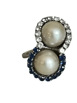 Bague Toi & Moi Or Gris Platine Perles Saphirs Diamants