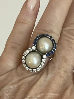 Bague Toi & Moi Or Gris Platine Perles Saphirs Diamants